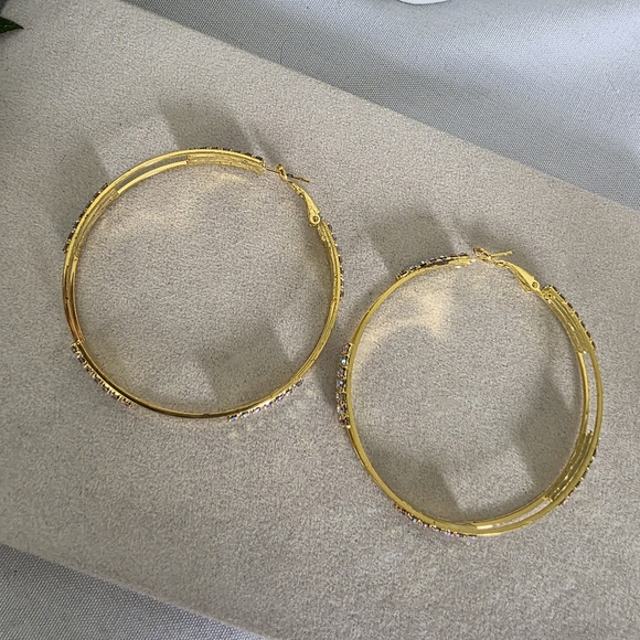 Large Gold Hoop Earrings with AB Rhinestones - Picture 5 of 10